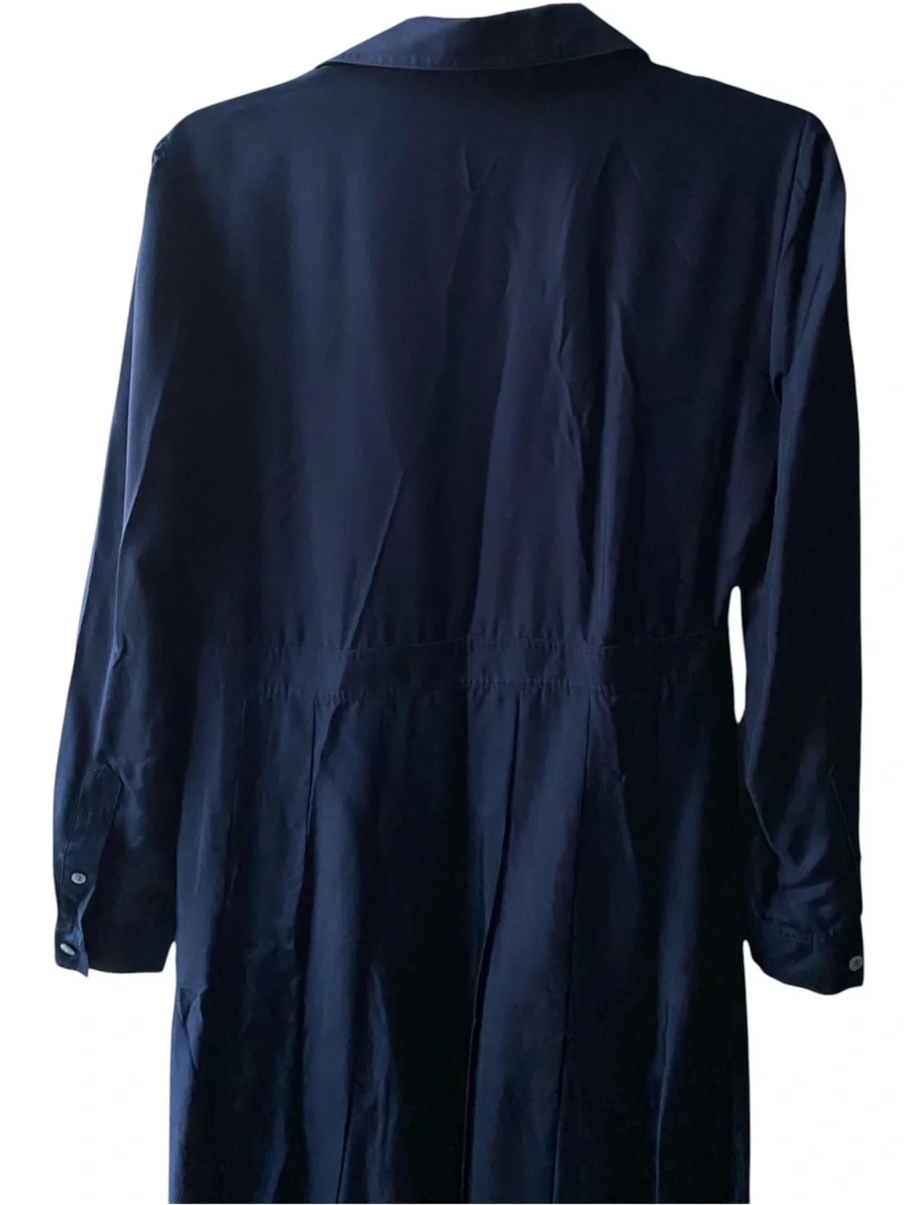 TORY BURCH SILK Navy Blue 100% Silk Pleated Midi Shirtdress long sleeve
